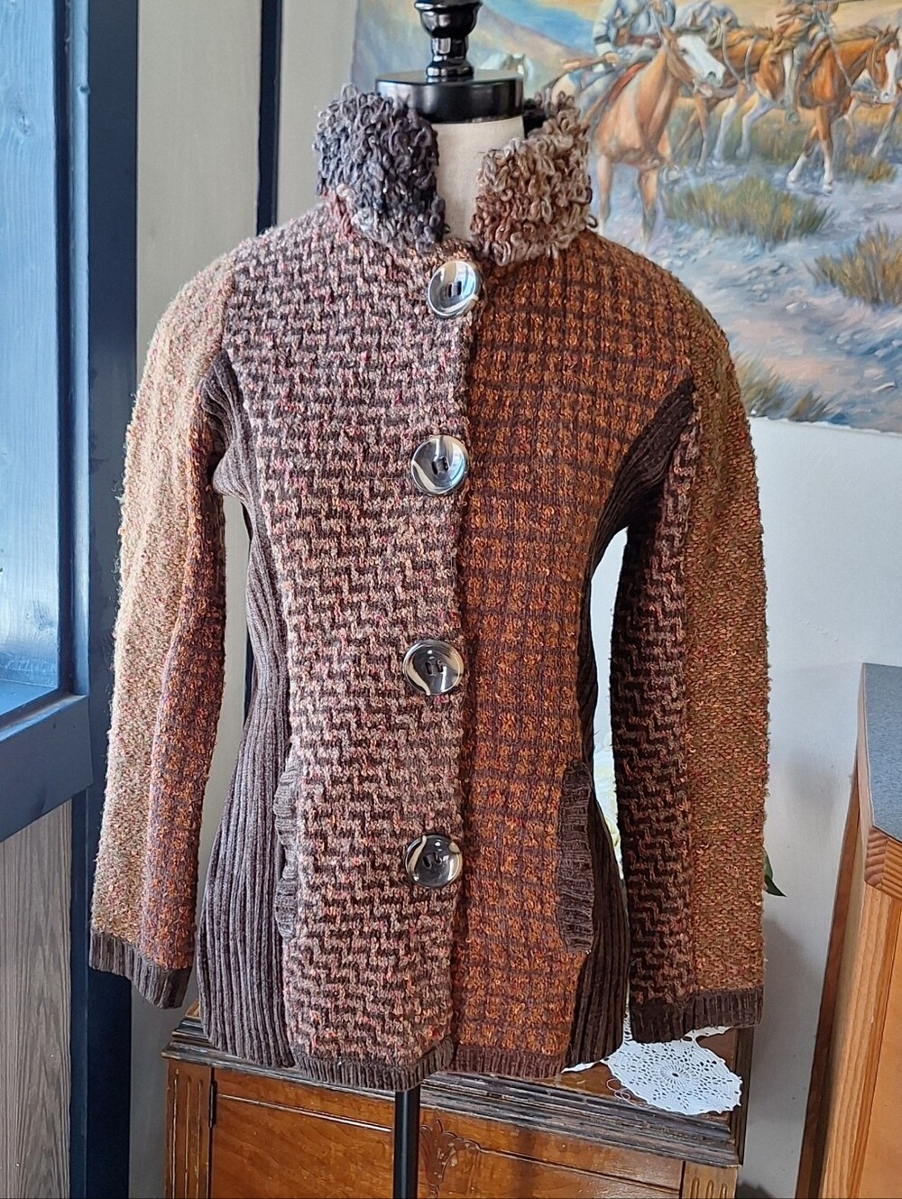 Curio Vintage Chunky Marled Knit Patchwork Wool Blend Cardigan, Medium, RN#59687